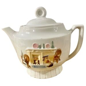 Vintage 1940’s Porceleir Vitreous Tea Pot Raised Hearth Fire Place Scene Cottage